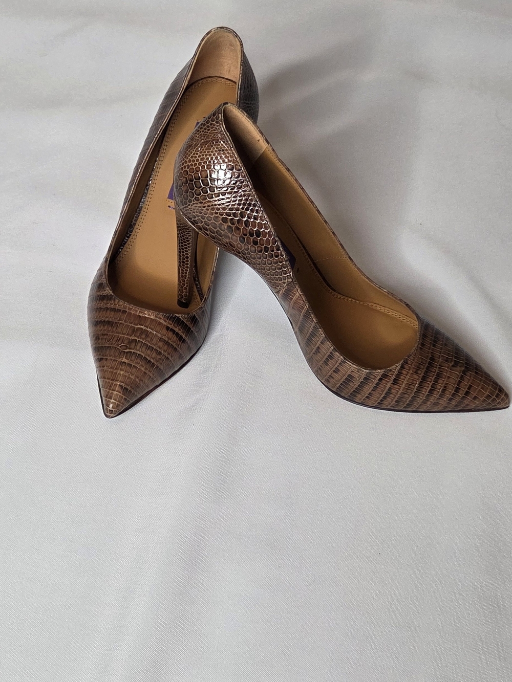 Ralph Lauren Brown Snake-Print Pointed Toe Pumps. New In BOX